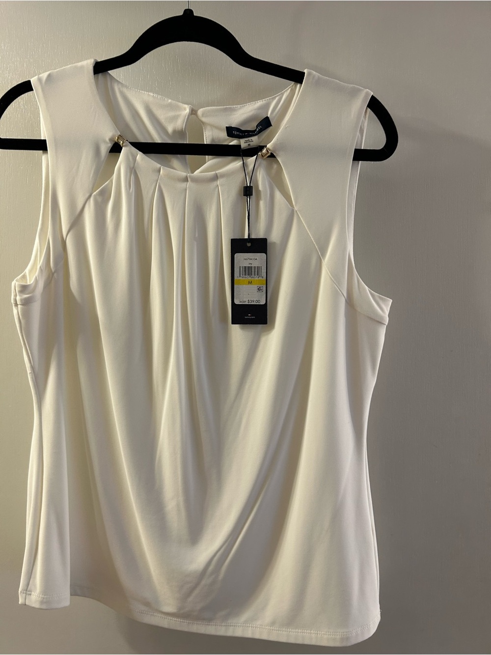 Tommy Hilfiger Ivory Sleeveless Pleated Neck Blouse